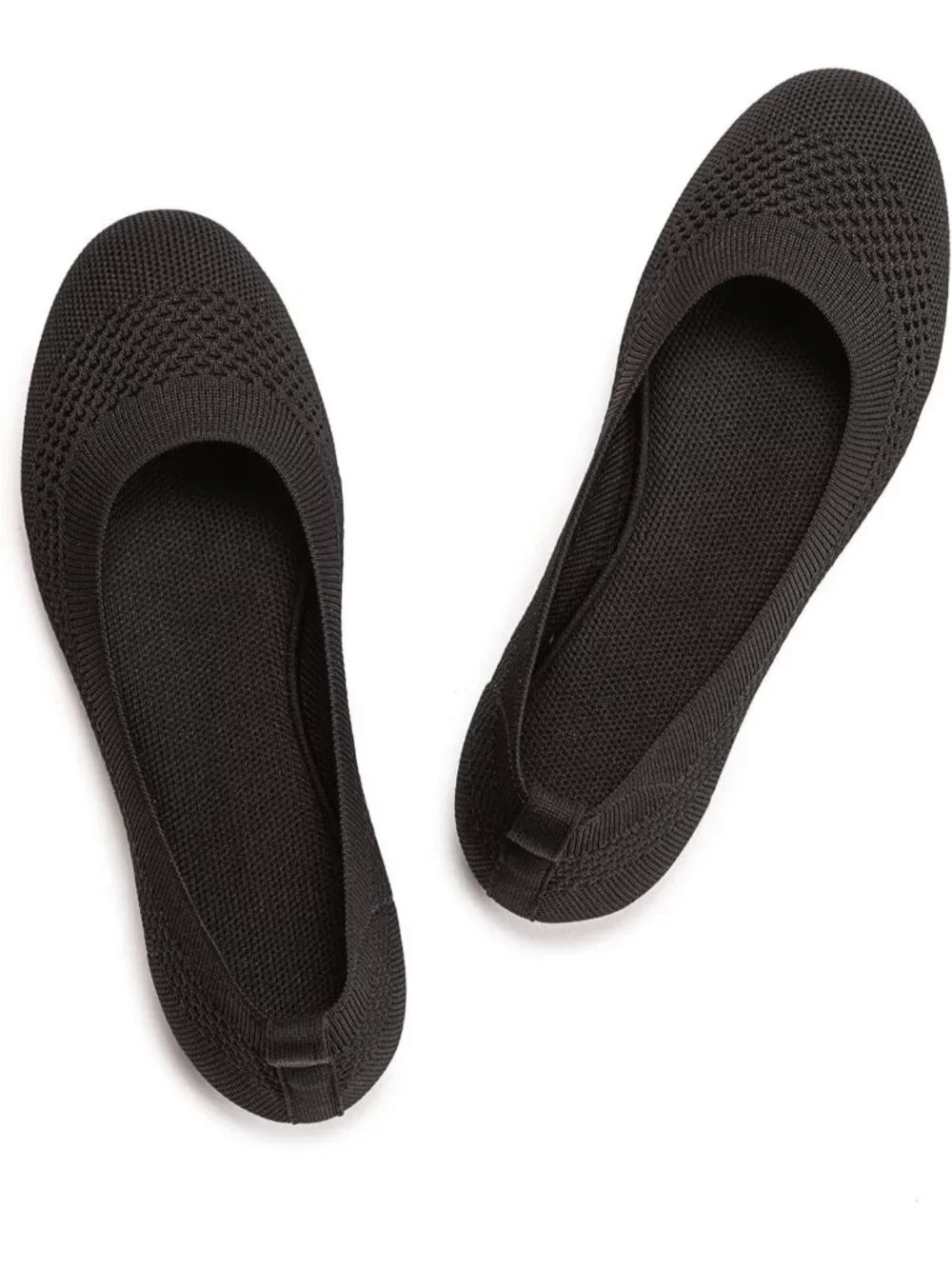 Women's Black Round Toe Knit Dress Low Wedge Slip On Ballerina Ballet Flat Shoes
